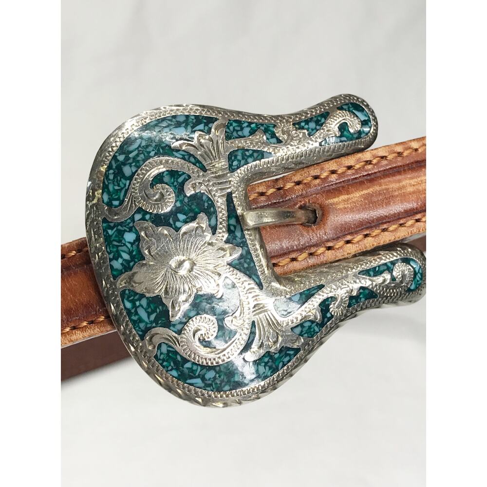 VTG Mexico Alpaca Silver Inlaid Turquoise Ornate Tipped Belt Buckle 3 Piece Set - Picture 14 of 16